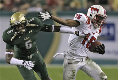 SMU wide receiver Jeremy Johnson (15) pushes off South Florida defensive back Lamar Robbins (6) after a reception during the third quarter of an NCAA college football game Saturday, Nov. 23, 2013, in Tampa, Fla. SMU won the game 16-6. (AP Photo/Chris O'Meara)