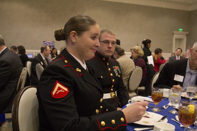 Lance Corporal Brooklyn Edwards and Sergeant Nicholas Stinson eat lunch at Thursday’s event.Photo credit: Ben Ohene!.