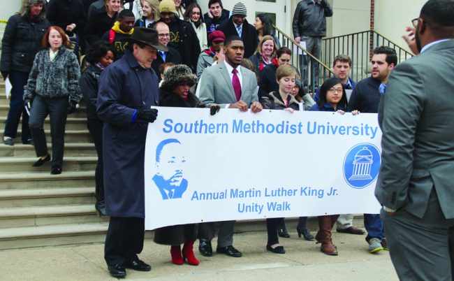 President R. Gerald Turner walks with students during Thursday’s commemorative unity walk.Photo credit: Christopher Saul