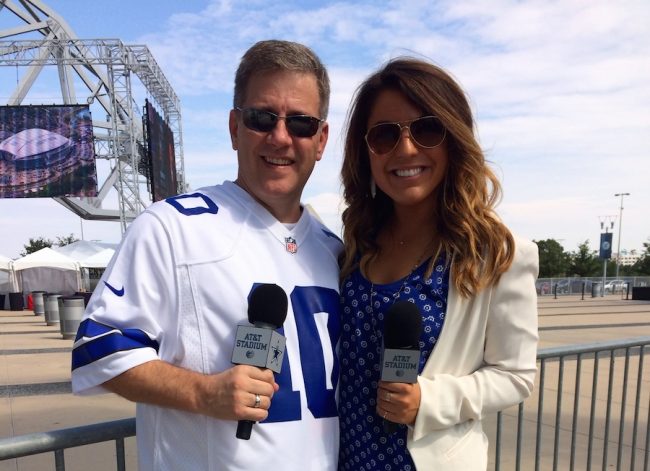 SMU alumna Kelsey Charles and her co-host Sean Heath (left) rally Dallas Cowboys fans prior to every home game from the East Plaza of AT&T Stadium. (Courtesy of Kelsey Charles)