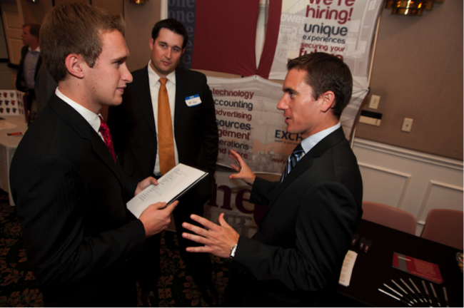 Students connect with employers at the SMU Communications Career Fair and Networking Event. Photo credit: Sierra Uselton
