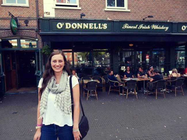 ODonnell stands in front of a pub with her same name while visiting Amsterdam for a weekend with friends Photo credit: Sissy Dreyer