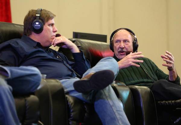 Hitzges (right) talks with fellow personality from 1310 The Ticket, George Dunham. Courtesy of the Dallas Morning News.