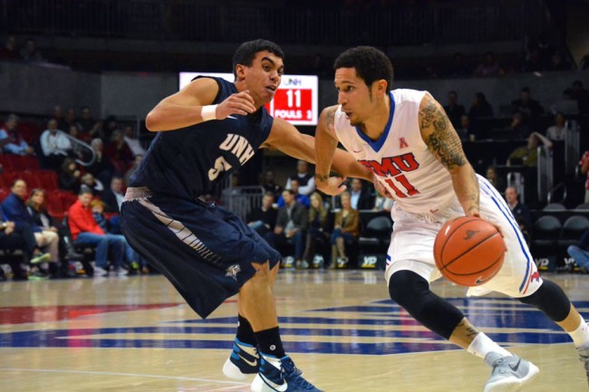 SMU PG Nic Moore drives to the basket late in the first half. Photo credit: Ryan Miller