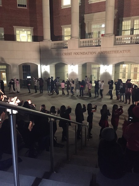 Sisters of Kappa Delta Chi presenting their new fall members to a crowd at Caruth Amphitheater; Kappa Delta Chi is one of the five organizations in the Multicultural Greek Council Photo credit: Emma Hutchinson