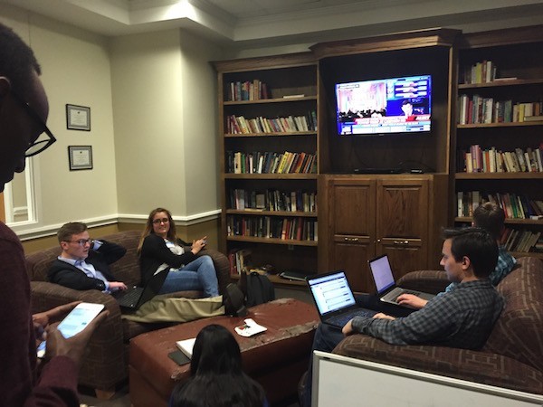 Students gathered in Virginia Snider Commons to watch the presidential primary results play out. Photo credit: Candice Bolden