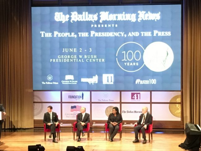Panelists of presidential biographers Jon Meacham, Annette Gordon-Reed and Ron Chernow discussed their work with moderator Mark Updegrove. Photo credit: Lisa Salinas