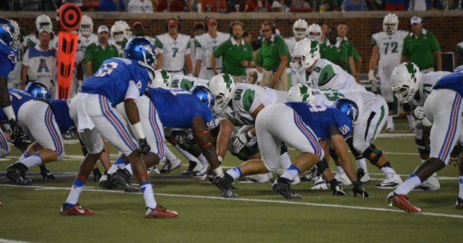 SMUs defense lines up before a play vs. North Texas on Sept. 12, 2015. Photo credit: Ryan Miller