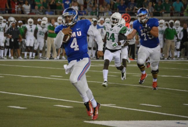 SMU quarterback Matt Davis takes off running in a game vs. North Texas on Sept. 12, 2015.