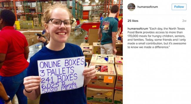 Instagram post of Kelly Kloff volunteering at the North Texas Food Bank Photo credit: Humans of Crum Instagram
