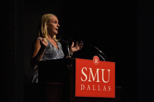 Piper Kerman challenged students to address the issues she saw firsthand in the justice system. Photo credit: SMU Twitter