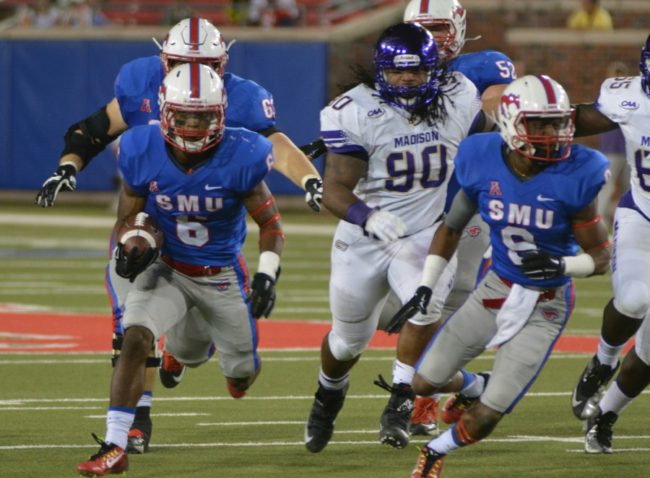 SMU running back Braeden West (6) runs in a 2015 game vs. James Madison at Ford Stadium. Photo credit: Ryan Miller/The Daily Campus.