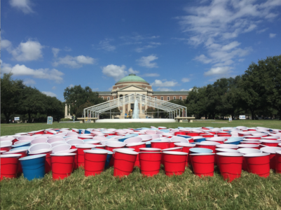 These red and blue cups represent sexual assault victims on college campuses. Photo credit: Kara Fellows