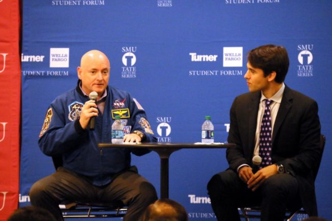 Captain Scott Kelly with moderator and SMU law student Kori Rady at the Tate Lecture Series on Nov.1 Photo credit: Mollie Mayfield