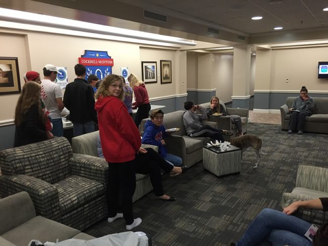 Around 50 residents came down to Cockerel-McIntoshs lobby to watch the election and enjoy Torchys Tacos. Photo credit: Jacquelyn Elias