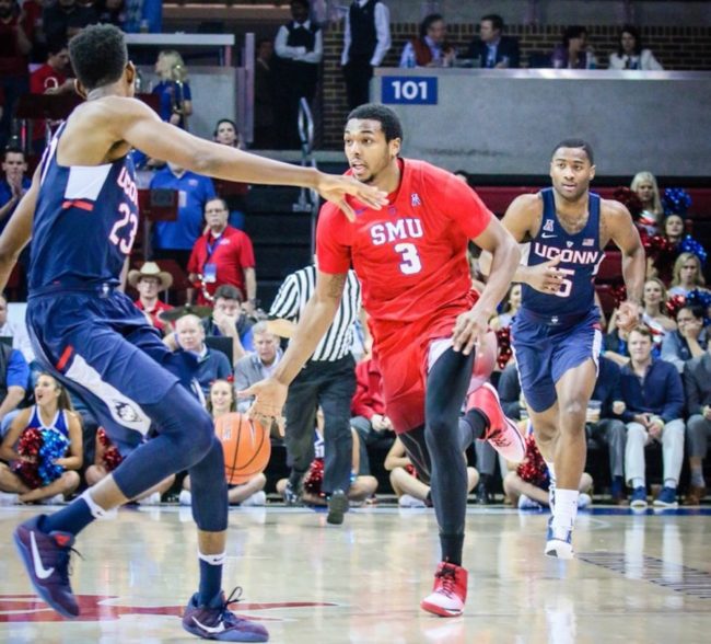 SMUs Sterling Brown takes the ball up the court in SMUs Jan. 19 win vs. UConn. Photo credit: Mollie Mayfield