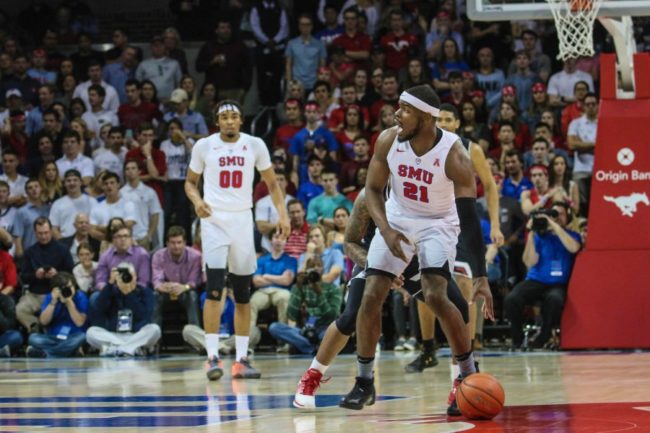 SMU guard Ben Emelogu II (21) scored 11 points off the bench in SMUs 60-51 win vs. Cincinnati. Photo credit: Mollie Mayfield