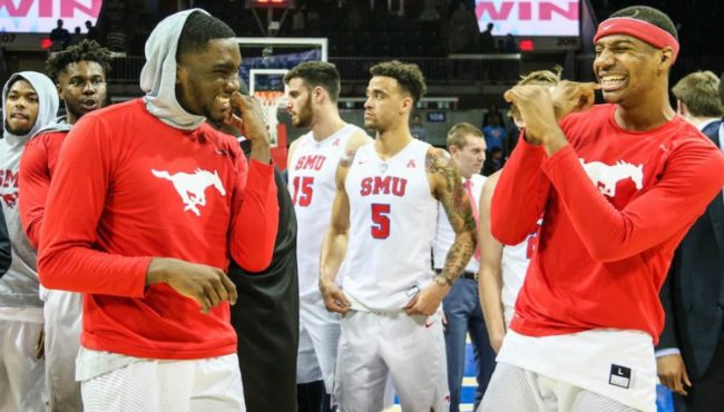 SMU guards Shake Milton (left) and Jarrey Foster share a laugh after SMUs 93-70 win vs. Tulsa on March 2, 2017. Photo credit: Mollie Mayfield