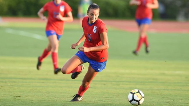 Sophomore Vanessa Valadez dribbles the ball up the field. Photo credit: SMU Athletics