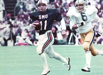 Quarterback Lance McIlhenny runs from Pitt right end Al Wenglikowski. McIlhenny scored the only touchdown of the Cotton Bowl, giving SMU the victory. Photo credit: File photo