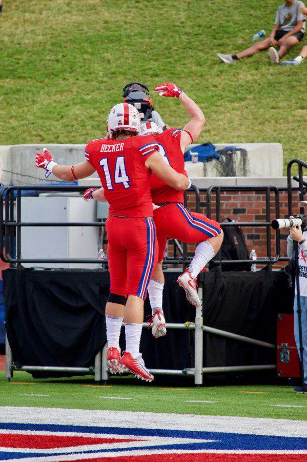Ryan Becker and Trey Quinn celebrate an SMU touchdown. Photo credit: Shelby Stanfield