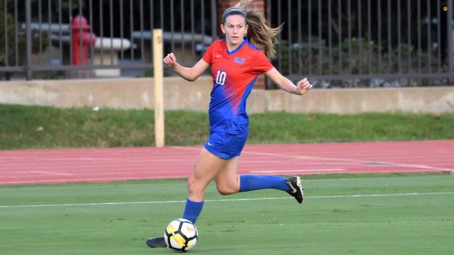 Blair Thorpes second season goal brought the Mustangs to an early 1-0 lead over New Mexico State. Photo credit: SMU Athletics