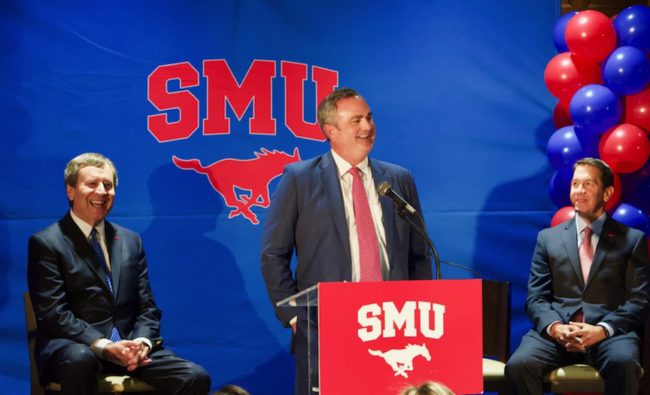 Sonny Dykes takes the stage as he is announced as SMUs next head football coach Photo credit: Shelby Stanfield