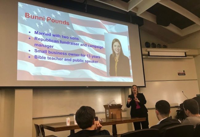 Texas Congressional candidate Bunni Pounds speaks to SMU College Republicans. Photo credit: Emmakate Few