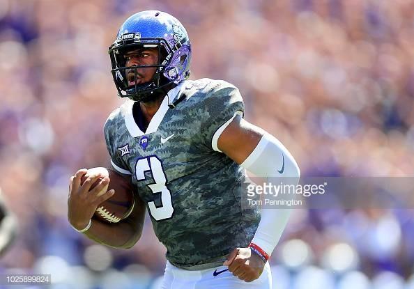 FORT WORTH, TX - SEPTEMBER 01:  Shawn Robinson #3 of the TCU Horned Frogs scores a touchdown on a quarterback keeper against the Southern University Jaguars in the first quarter at Amon G. Carter Stadium on September 1, 2018 in Fort Worth, Texas.  (Photo by Tom Pennington/Getty Images) Photo credit: Getty Images