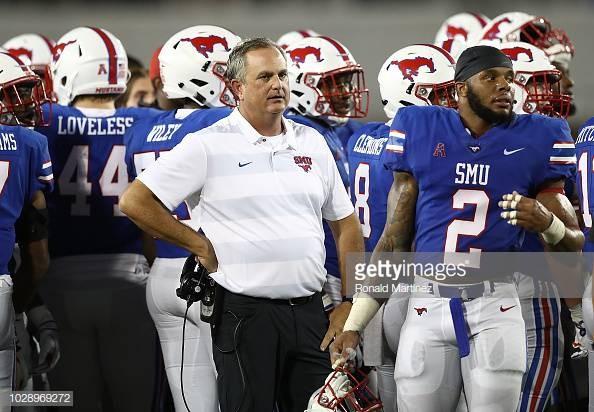 DALLAS, TX - SEPTEMBER 07:  Head coach Sonny Dykes of the Southern Methodist Mustangs during play against the TCU Horned Frogs at Gerald J. Ford Stadium on September 7, 2018 in Dallas, Texas.  (Photo by Ronald Martinez/Getty Images)