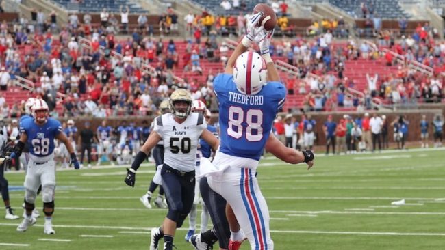 Hicks connects with Thedford for the game-winning two point conversion in overtime. Photo credit: SMU Athletics