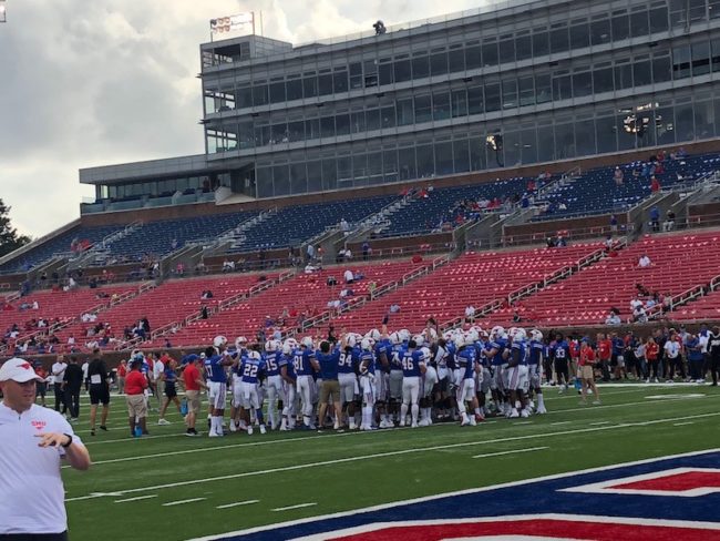 SMU takes the field before facing off with Houston Baptist. Photo credit: Phil Mayer