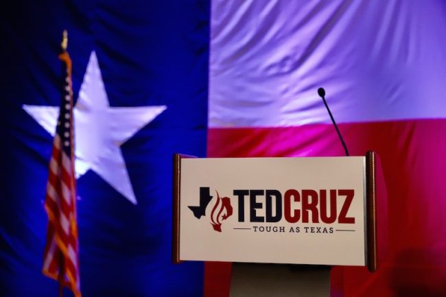 Ted Cruz podium at his Houston watch party. (Photo by Zach Fiedler) Photo credit: SMU Daily Campus