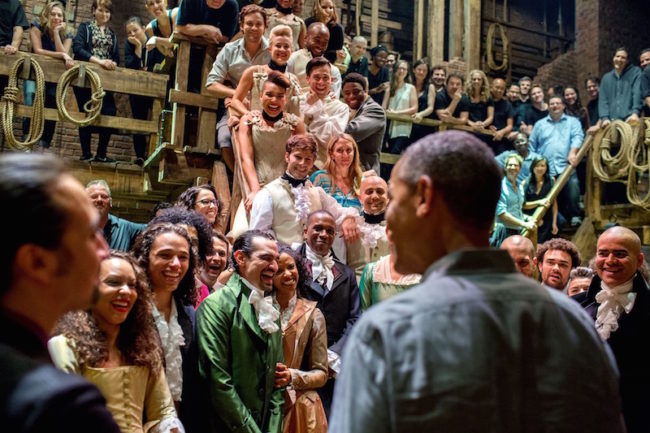 The Hamilton cast and crew greets President Barack Obama on July 18, 2015. Photo credit: Creative Commons