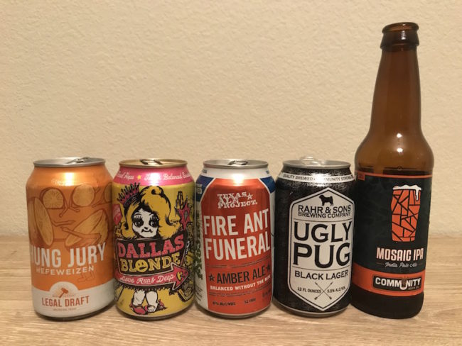 The line up of five beers offered by local breweries in North Texas. Photo credit: Lauren Hawkins
