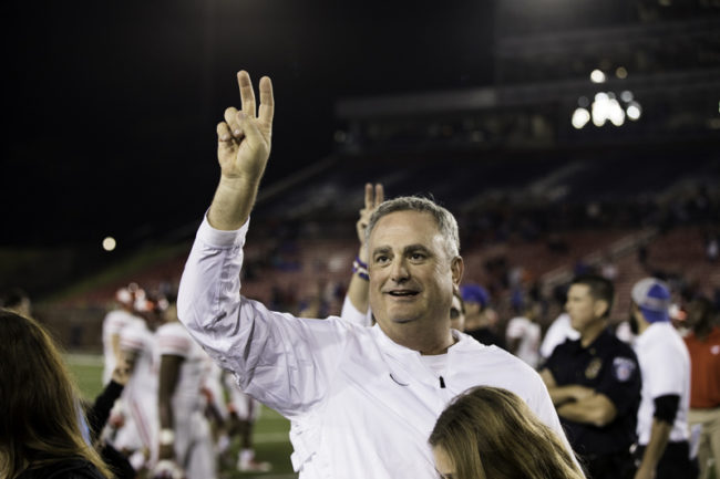 Head coach Sonny Dykes led the Mustangs to a 2-0 start to the 2019 season. Photo credit: Zach Fiedler