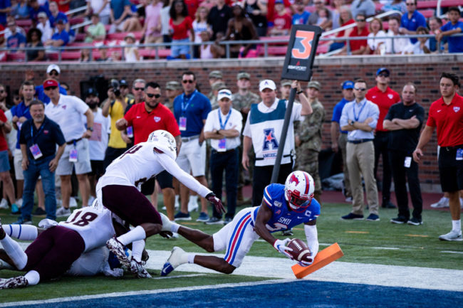 James Proche dives for a touchdown in SMUs victory over Texas State. Photo credit: Zach Fiedler