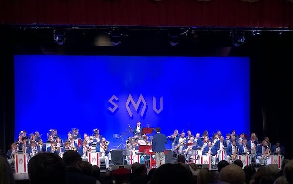 SMU Mustang Band performs at the 87th annual Pigskin Revue on Nov. 8 in McFarlin Auditorium. Photo credit: Hannah Costley