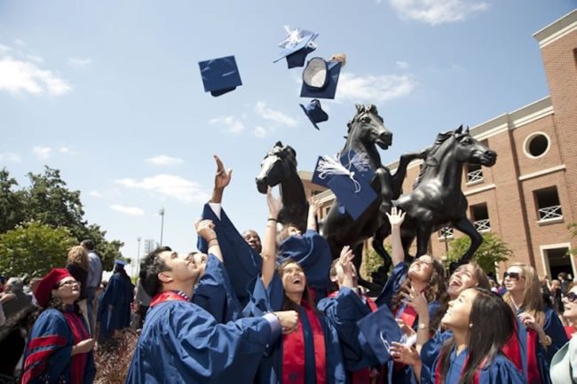 Students toss their graduation caps up in celebration. Photo credit: SMU
