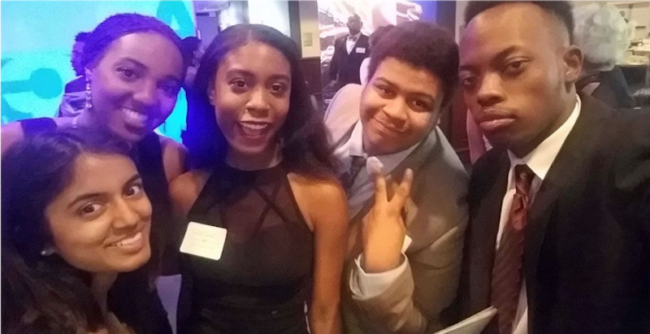 Pooja with Alayna Bryant, Michelle Branch, Tyler Jackson, and Isaiah Cline, at the 2017 Black Excellence Ball, during her freshman year.