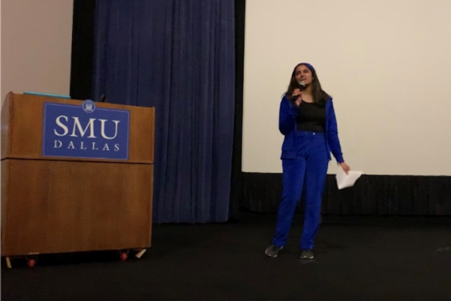 Pooja giving a speech as President of SLG at the Fall 2019 Multicultural Greek Council Showcase, during her senior year.