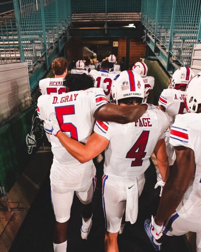 Danny+Gray+and+Tyler+Page%2C+two+of+the+pillars+of+the+offense+now%2C+walk+off+the+field+at+Tulane.+Image+courtesy+of+SMU+Athletics.