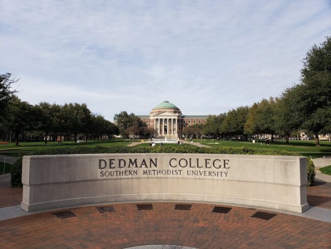 Dallas Hall and the Dedman College monument Photo credit: Alec Mason