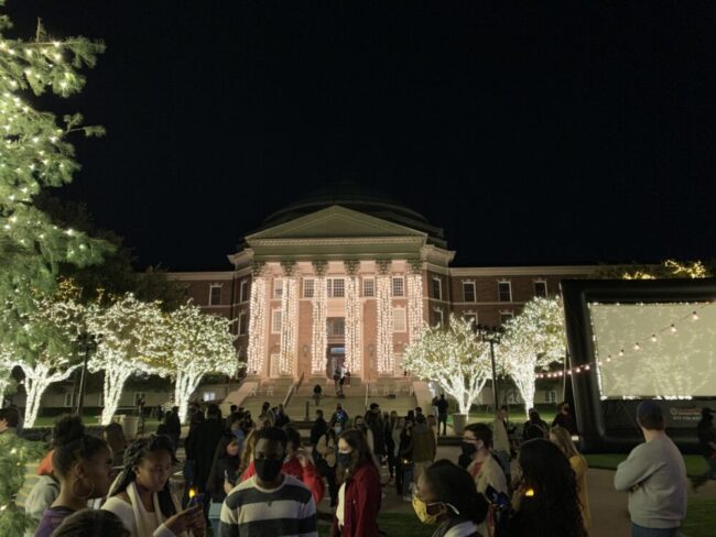 Dallas Hall Lawn lit up for Celebration of Lights Photo credit: Kiley Hession