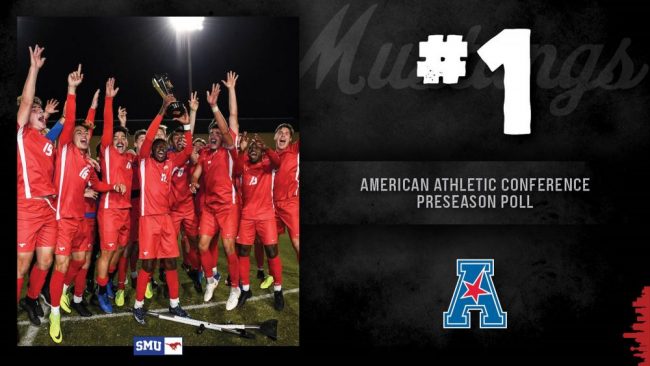 SMU mens soccer celebrating their conference championship last season, a feat they hope to accomplish again this year. Photo credit: smumustangs.com