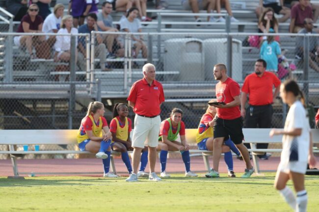 Head coach Chris Petrucelli looks on during 2019 game. Courtesy of SMU Athletics.