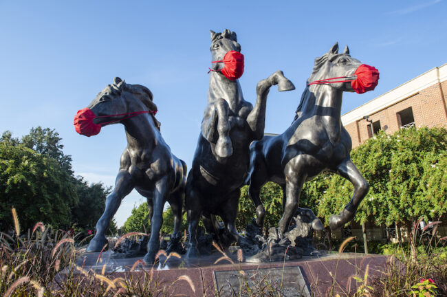 SMUs masked mustang statues. Photo credit: SMU