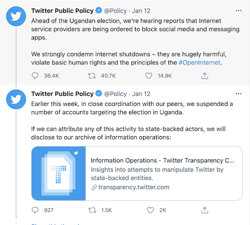 This image is a screenshot of the Twitter thread from the Twitter Public Policy account regarding the platform's response to Uganda's choice to shut down the nation's internet.
