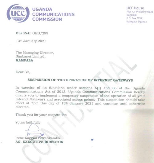 This picture shows the formal document from the Uganda Communication Commission, calling for internet gateways to be shut down in the days leading up to the country's elections