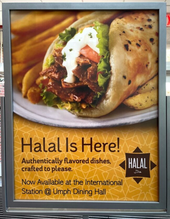 Halal food sign inside Umphrey Lee Dining Center.